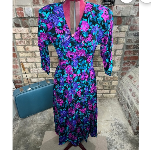 Dawn Joy Fashions Pink Teal Purple Floral RUFFLE Midi Fit Flare Sundress 1980s - Picture 1 of 13
